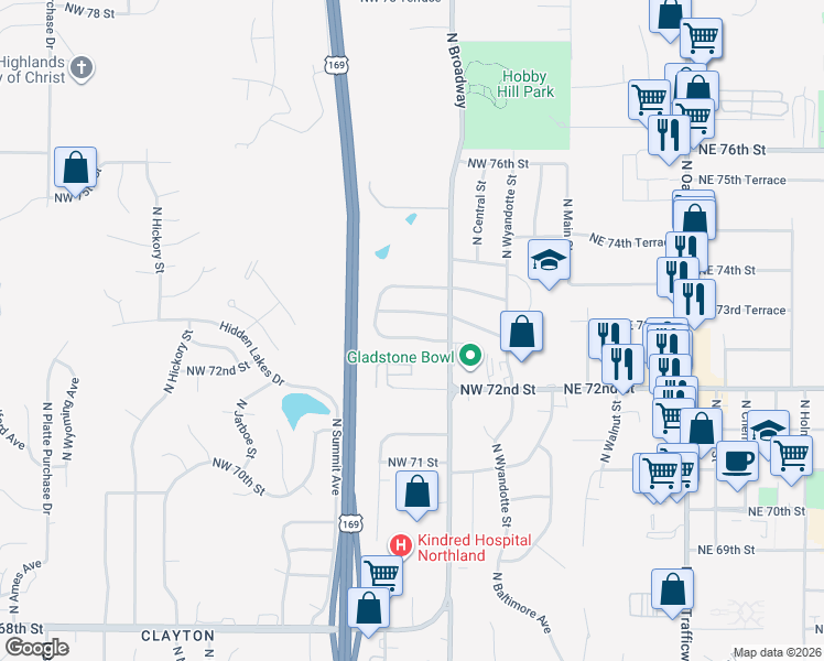 map of restaurants, bars, coffee shops, grocery stores, and more near 418 Northwest 72 Terrace in Kansas City