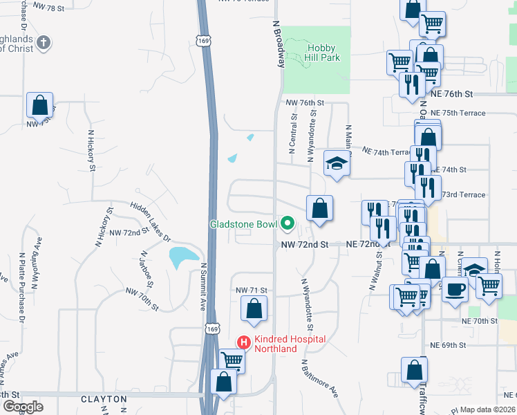map of restaurants, bars, coffee shops, grocery stores, and more near 418 Northwest 72 Terrace in Kansas City