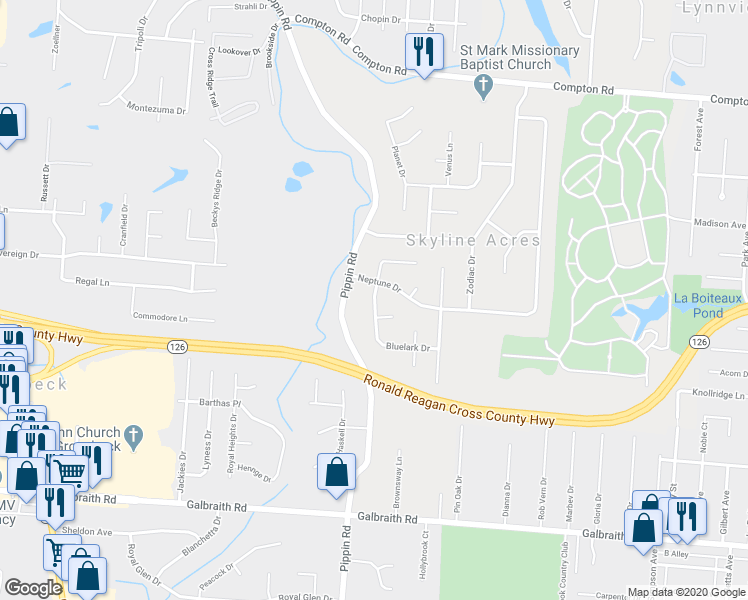 map of restaurants, bars, coffee shops, grocery stores, and more near 2402 Bluelark Drive in Cincinnati