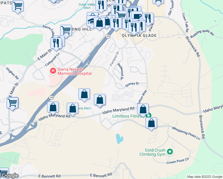 map of restaurants, bars, coffee shops, grocery stores, and more near 321 Dorsey Drive in Grass Valley