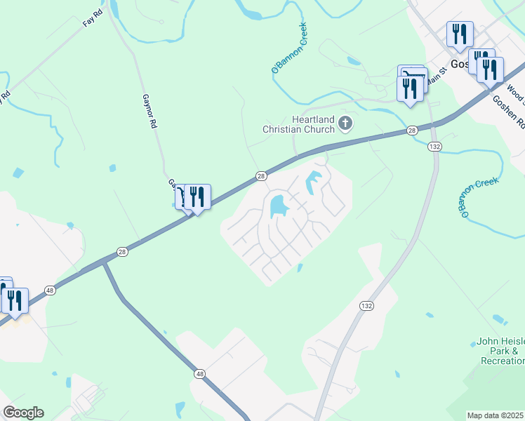 map of restaurants, bars, coffee shops, grocery stores, and more near 1537 Lakeshore Drive in Goshen