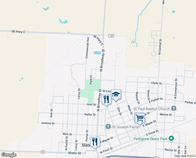 map of restaurants, bars, coffee shops, grocery stores, and more near 801-825 North Broadway Street in Slater