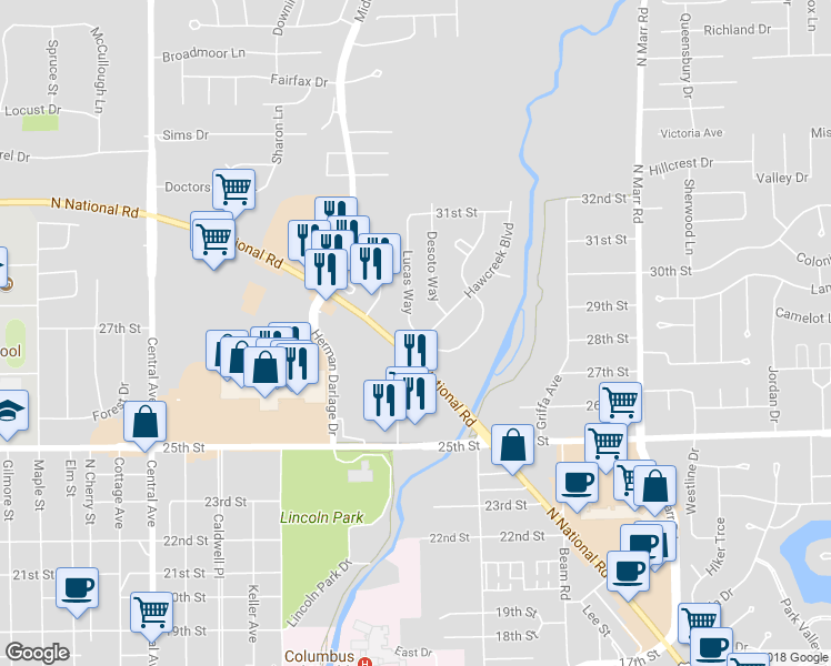 map of restaurants, bars, coffee shops, grocery stores, and more near 3025 Lucas Way in Columbus