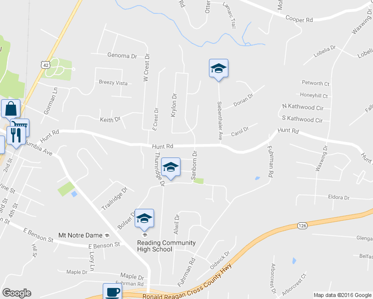 map of restaurants, bars, coffee shops, grocery stores, and more near 2258 Hunt Road in Cincinnati