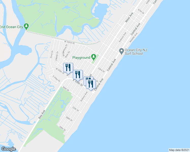 map of restaurants, bars, coffee shops, grocery stores, and more near 5348 Asbury Avenue in Ocean City