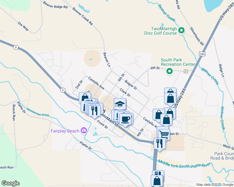 map of restaurants, bars, coffee shops, grocery stores, and more near 550 Castello Avenue in Fairplay