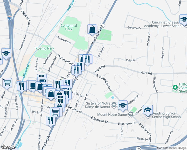 map of restaurants, bars, coffee shops, grocery stores, and more near 1418 East North Street in Cincinnati