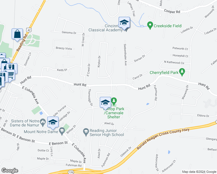 map of restaurants, bars, coffee shops, grocery stores, and more near 2266 Hunt Road in Reading