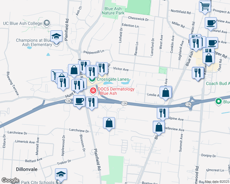 map of restaurants, bars, coffee shops, grocery stores, and more near 9450 Hunters Creek Drive in Blue Ash