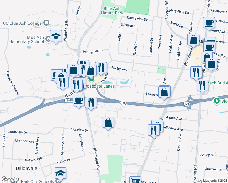 map of restaurants, bars, coffee shops, grocery stores, and more near 9452 Hunters Creek Drive in Blue Ash