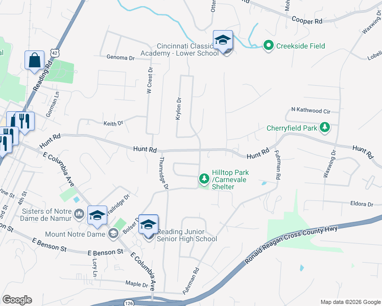 map of restaurants, bars, coffee shops, grocery stores, and more near 2258 Hunt Road in Cincinnati