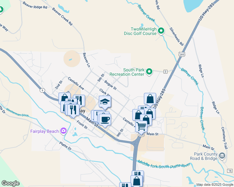 map of restaurants, bars, coffee shops, grocery stores, and more near 700 Bogue Street in Fairplay