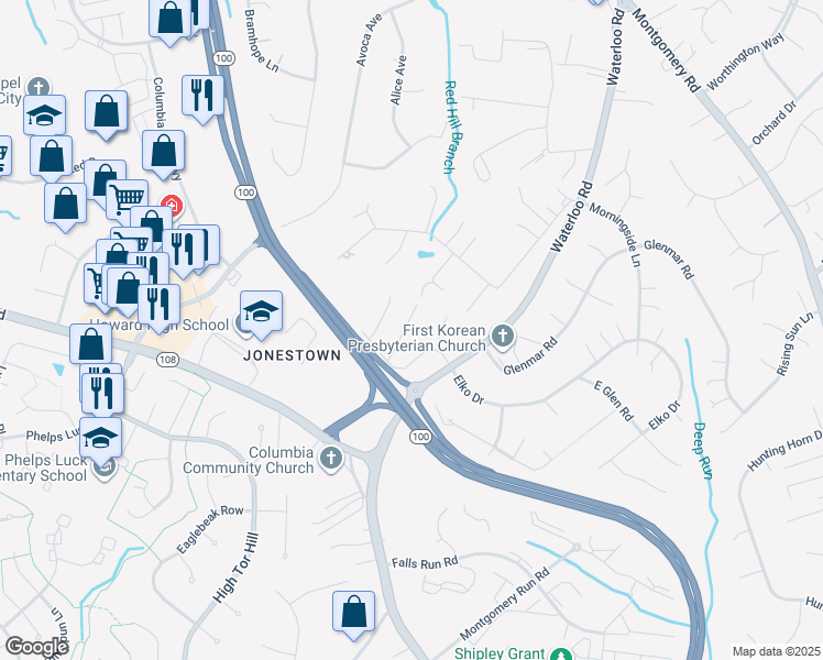 map of restaurants, bars, coffee shops, grocery stores, and more near 8532 Pine Run Court in Ellicott City