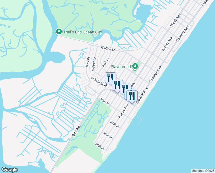 map of restaurants, bars, coffee shops, grocery stores, and more near 5433 Bay Avenue in Ocean City