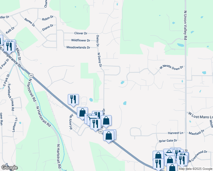 map of restaurants, bars, coffee shops, grocery stores, and more near 5380 North Lakeview Drive in Bloomington