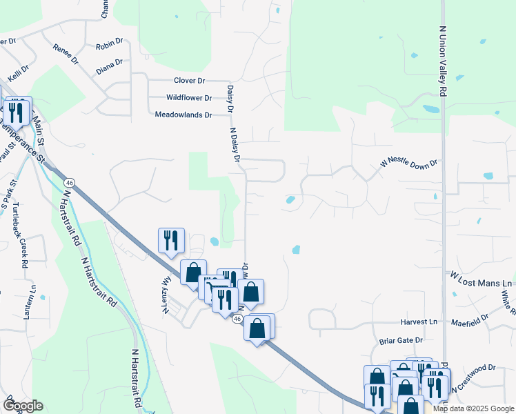 map of restaurants, bars, coffee shops, grocery stores, and more near 5380 North Lakeview Drive in Bloomington