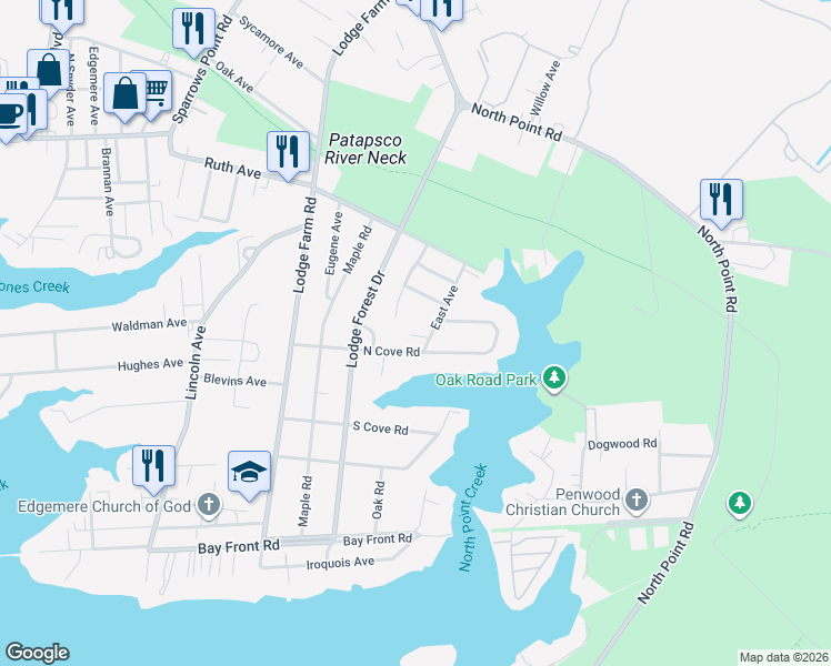 map of restaurants, bars, coffee shops, grocery stores, and more near 2404 East Avenue in Sparrows Point