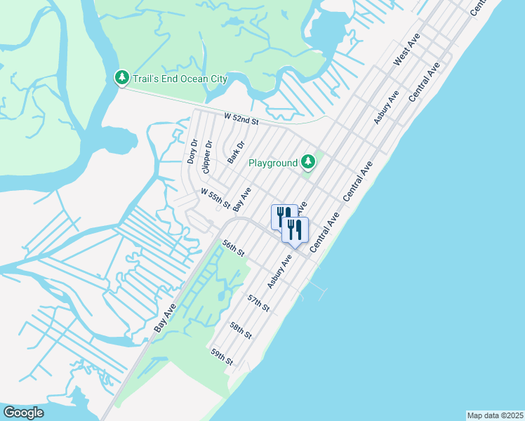 map of restaurants, bars, coffee shops, grocery stores, and more near 5417 Simpson Avenue in Ocean City