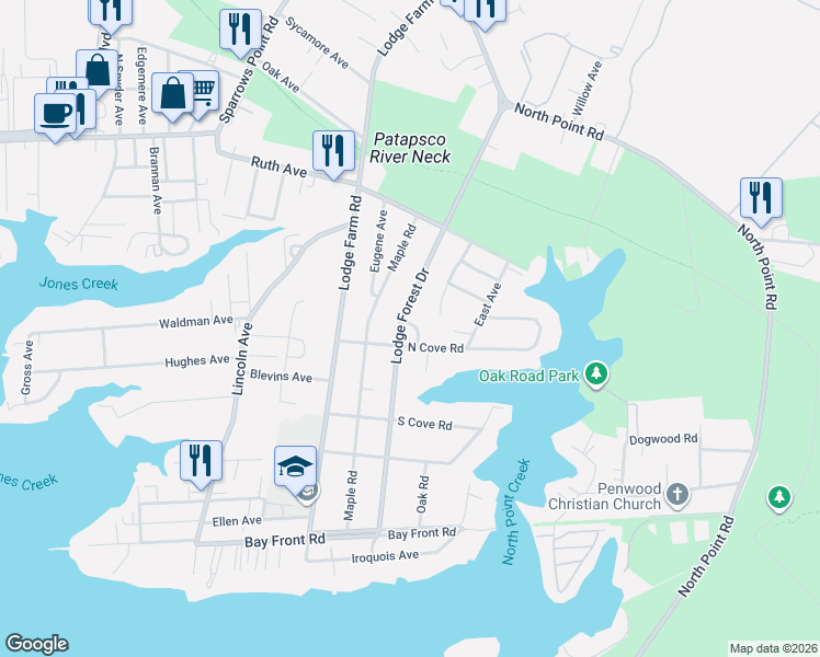 map of restaurants, bars, coffee shops, grocery stores, and more near 2408 Woodridge Road in Sparrows Point