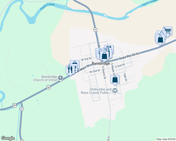map of restaurants, bars, coffee shops, grocery stores, and more near 102 Harris Street in Bainbridge