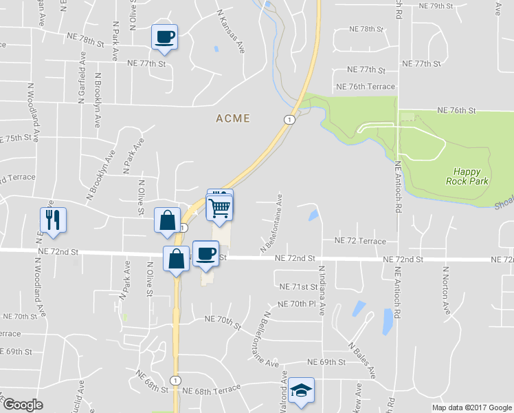 map of restaurants, bars, coffee shops, grocery stores, and more near 3023 Northeast 73rd Terrace in Kansas City