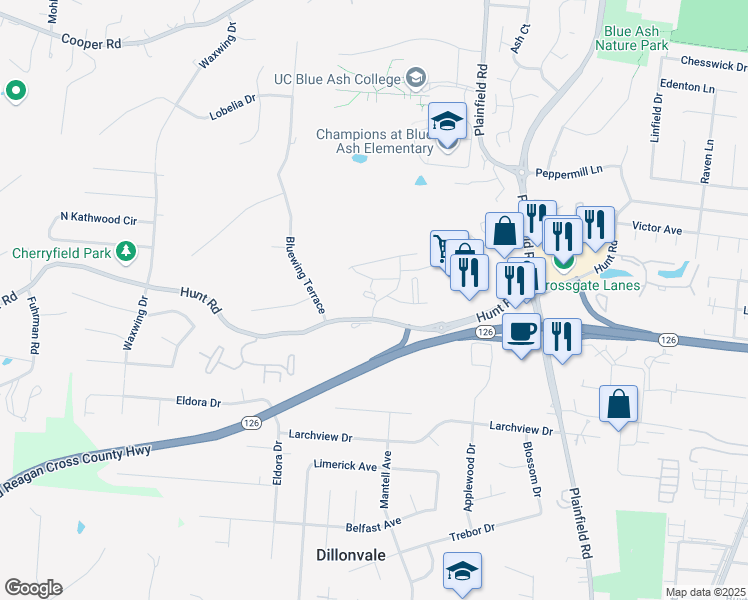 map of restaurants, bars, coffee shops, grocery stores, and more near 9225 Deercross Parkway in Blue Ash