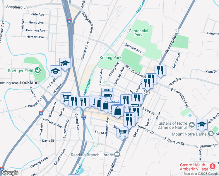 map of restaurants, bars, coffee shops, grocery stores, and more near 1217 Jefferson Avenue in Cincinnati