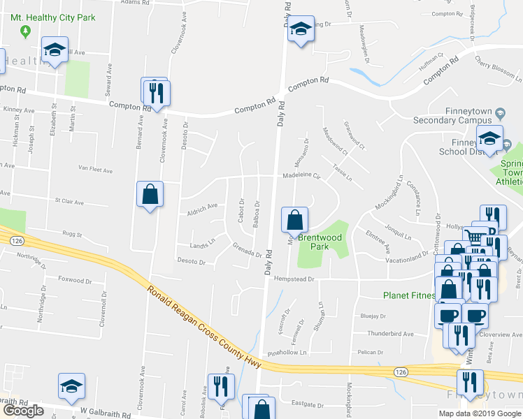 map of restaurants, bars, coffee shops, grocery stores, and more near 8793 Balboa Drive in Cincinnati