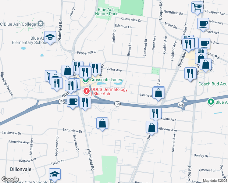 map of restaurants, bars, coffee shops, grocery stores, and more near 9231 Hunters Creek Dr in Blue Ash