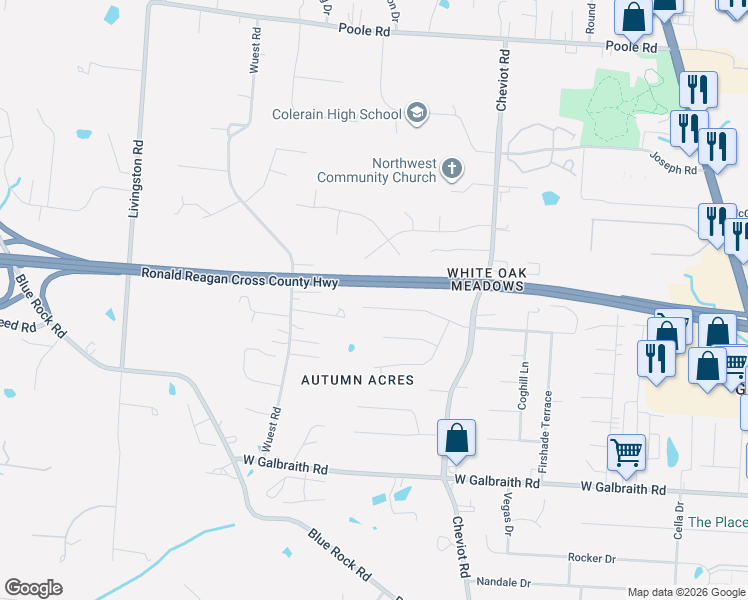 map of restaurants, bars, coffee shops, grocery stores, and more near 3678 Oakmeadow Lane in Cincinnati