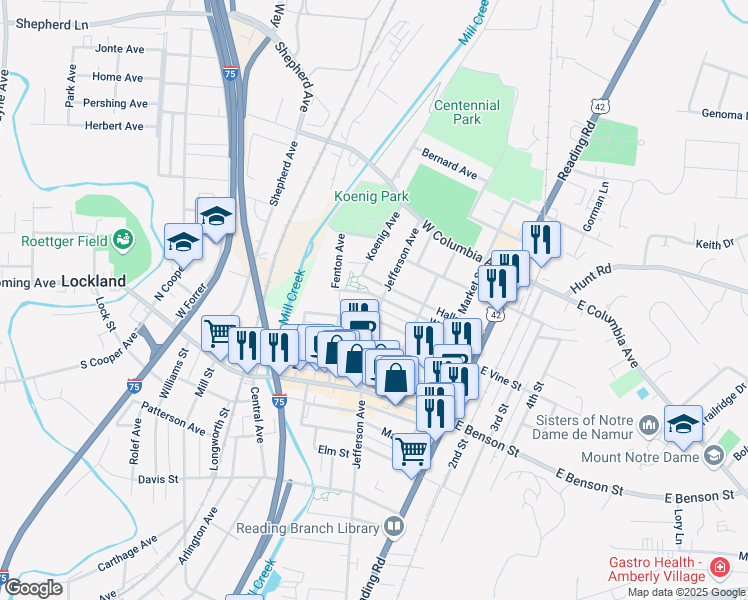 map of restaurants, bars, coffee shops, grocery stores, and more near 1217 Jefferson Avenue in Cincinnati