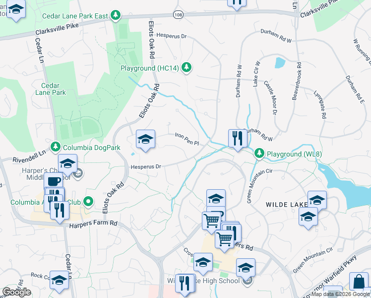 map of restaurants, bars, coffee shops, grocery stores, and more near 5380 Harvest Moon Lane in Columbia