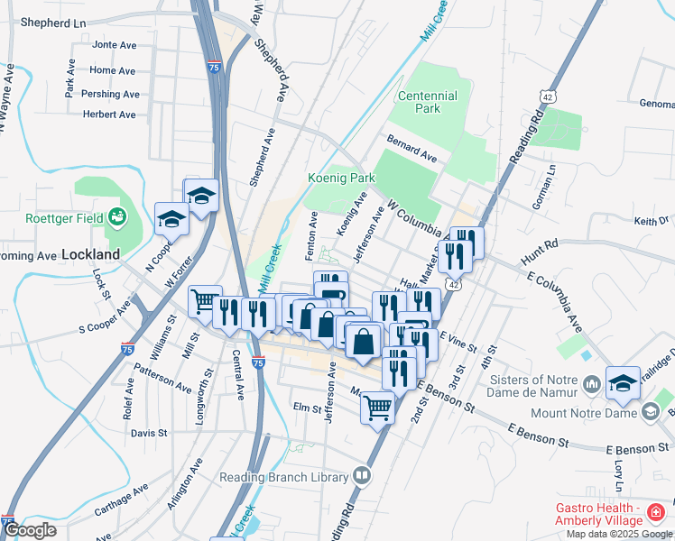 map of restaurants, bars, coffee shops, grocery stores, and more near 1217 Jefferson Avenue in Cincinnati