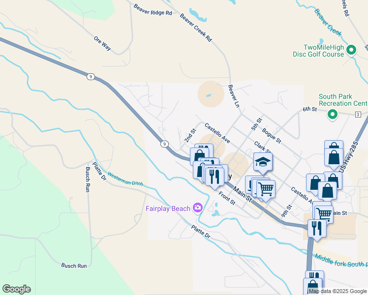 map of restaurants, bars, coffee shops, grocery stores, and more near 200 Main Street in Fairplay