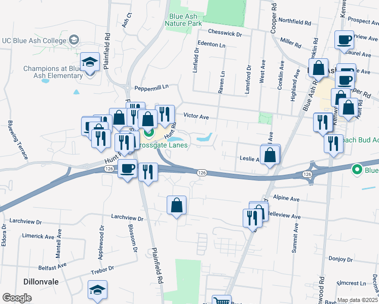 map of restaurants, bars, coffee shops, grocery stores, and more near 9236 Hunters Creek Drive in Blue Ash