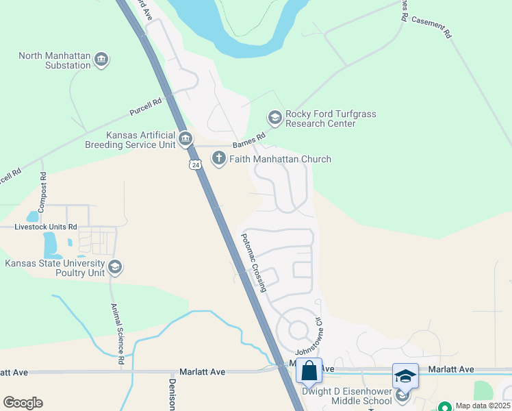 map of restaurants, bars, coffee shops, grocery stores, and more near 1616 Green Valley Circle in Manhattan