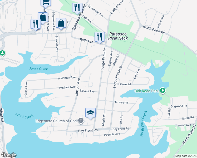 map of restaurants, bars, coffee shops, grocery stores, and more near 2404 Lodge Farm Road in Sparrows Point