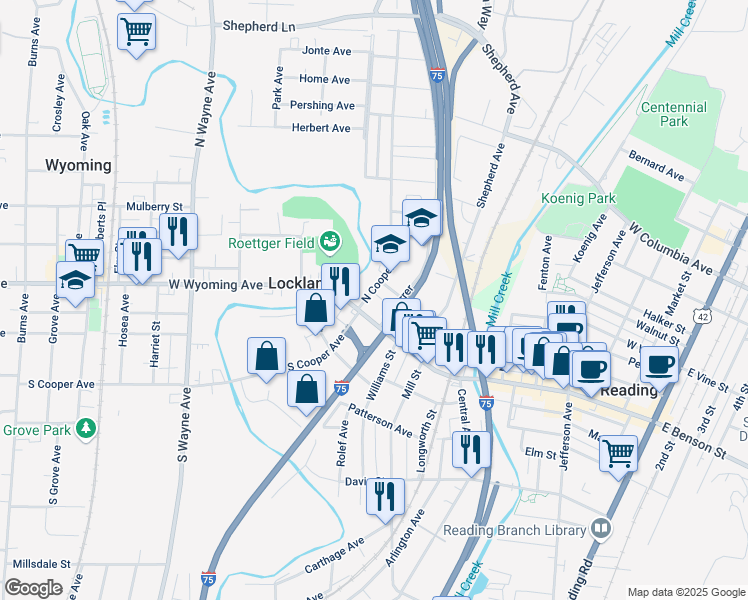 map of restaurants, bars, coffee shops, grocery stores, and more near 114 North Cooper Avenue in Cincinnati