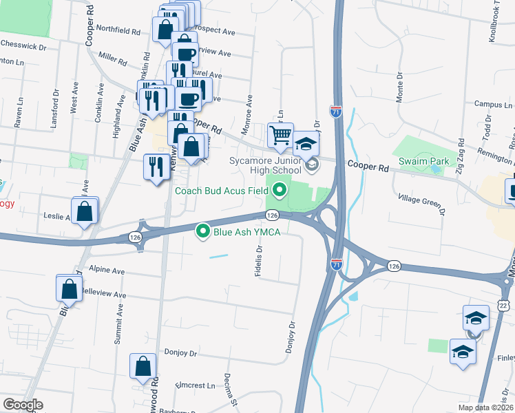 map of restaurants, bars, coffee shops, grocery stores, and more near 5355 Cooper Road in Blue Ash