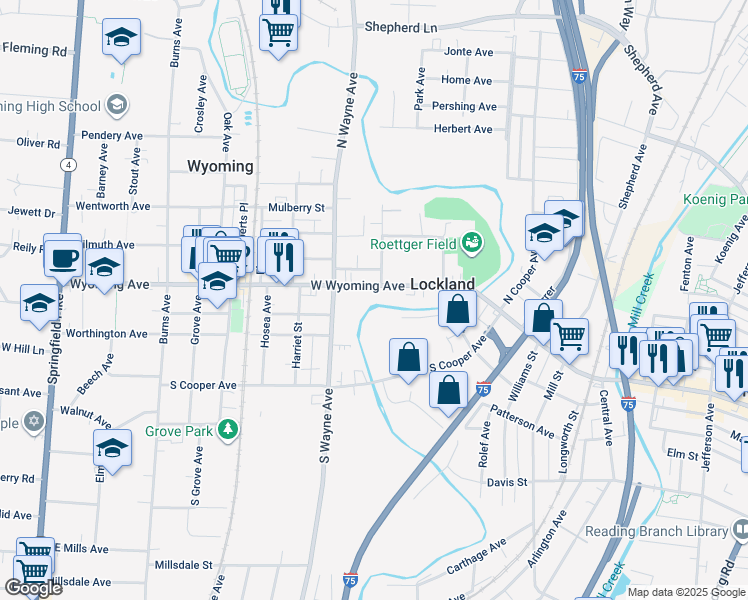 map of restaurants, bars, coffee shops, grocery stores, and more near 455 West Wyoming Avenue in Cincinnati