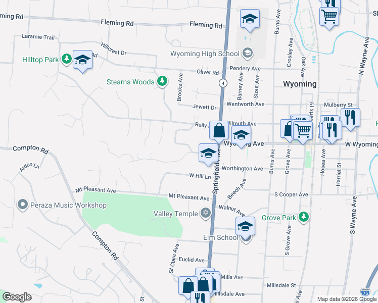 map of restaurants, bars, coffee shops, grocery stores, and more near 104 Linden Drive in Wyoming
