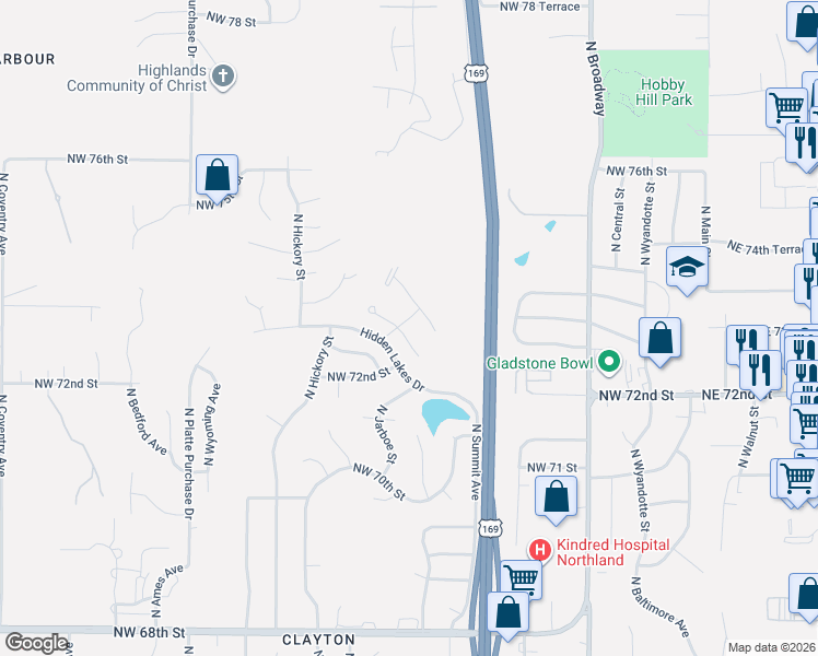 map of restaurants, bars, coffee shops, grocery stores, and more near 1119 Northwest 73rd Terrace in Kansas City