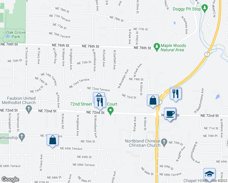 map of restaurants, bars, coffee shops, grocery stores, and more near 2001 Northeast 72nd Terrace in Gladstone