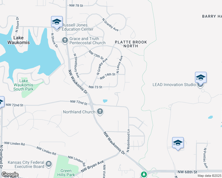 map of restaurants, bars, coffee shops, grocery stores, and more near 3813 Northwest 73 Street in Kansas City