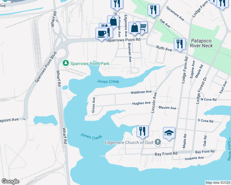 map of restaurants, bars, coffee shops, grocery stores, and more near 7300 Waldman Avenue in Sparrows Point
