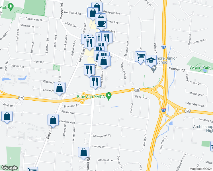 map of restaurants, bars, coffee shops, grocery stores, and more near 4890 Hunt Road in Cincinnati