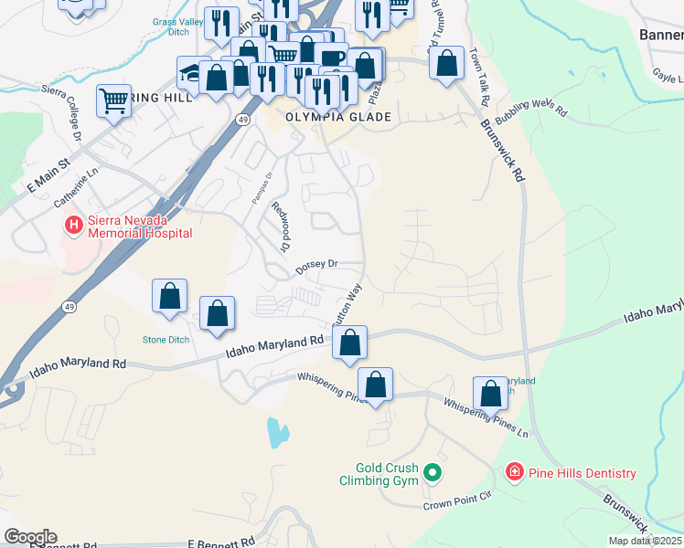 map of restaurants, bars, coffee shops, grocery stores, and more near 150 Sutton Way in Grass Valley