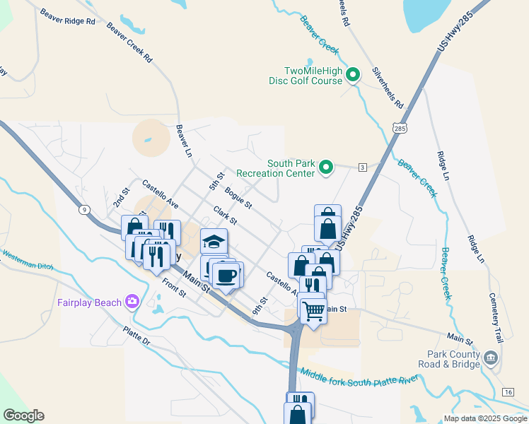 map of restaurants, bars, coffee shops, grocery stores, and more near 700 Bogue Street in Fairplay