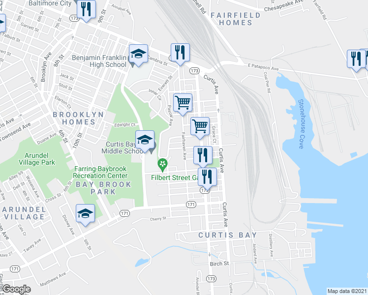 map of restaurants, bars, coffee shops, grocery stores, and more near Fairhaven Ave & Locust St in Baltimore