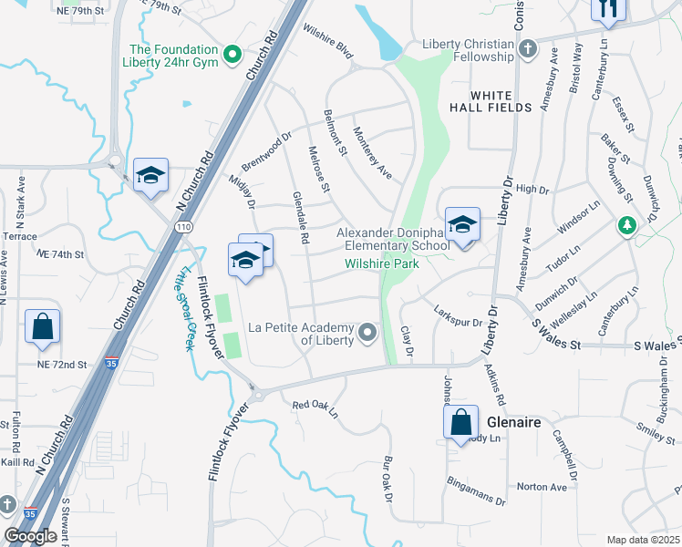 map of restaurants, bars, coffee shops, grocery stores, and more near Gordon Drive in Liberty